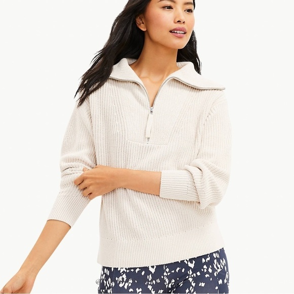 Lou & Grey Loft Women’s Zip Neck Knit 100% Cotton Sweater Sz Medium, Ivory - Picture 1 of 11